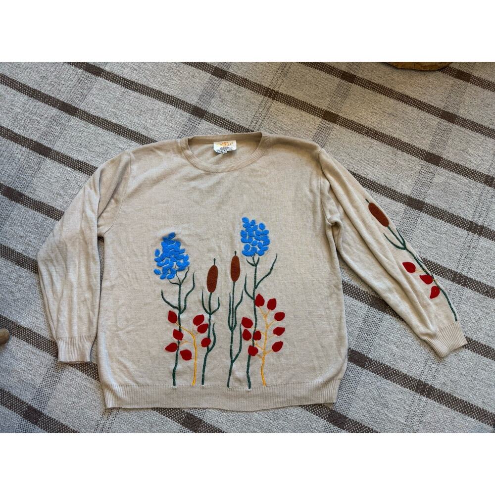 Vintage Cyn Les Shirlee Embroidered Knit Sweater Tan Women’s 44 Large Floral